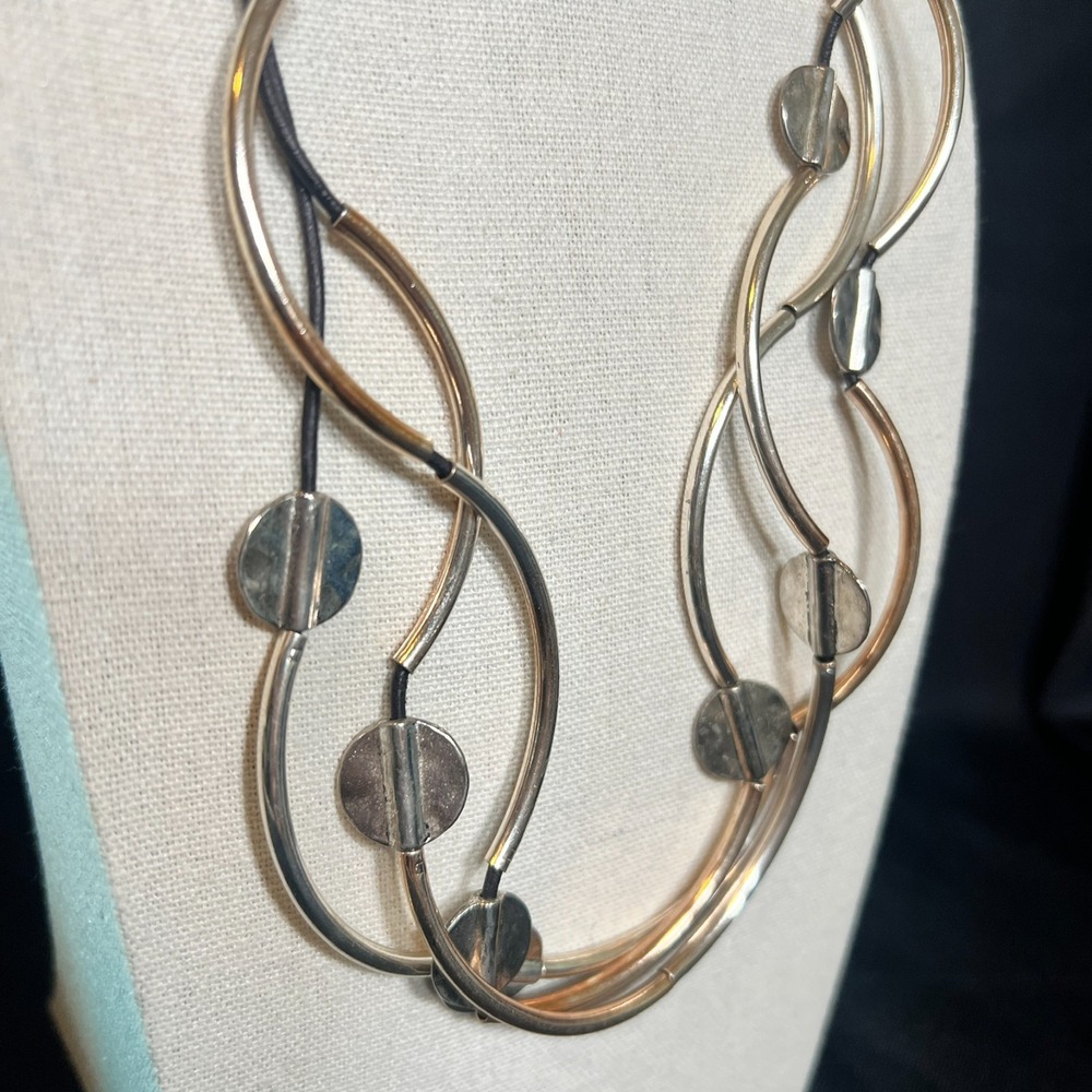 Lizzy James Mixed Metal Leather‎ Necklace Handmade USA Kinetic Curves Artsy Mod